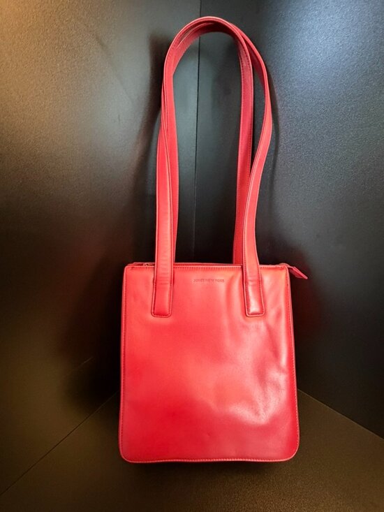 Jones New York Handbags - Jones New York Red Leather Zip Top Shoulder Tote Purse Classic Minimalist Bag